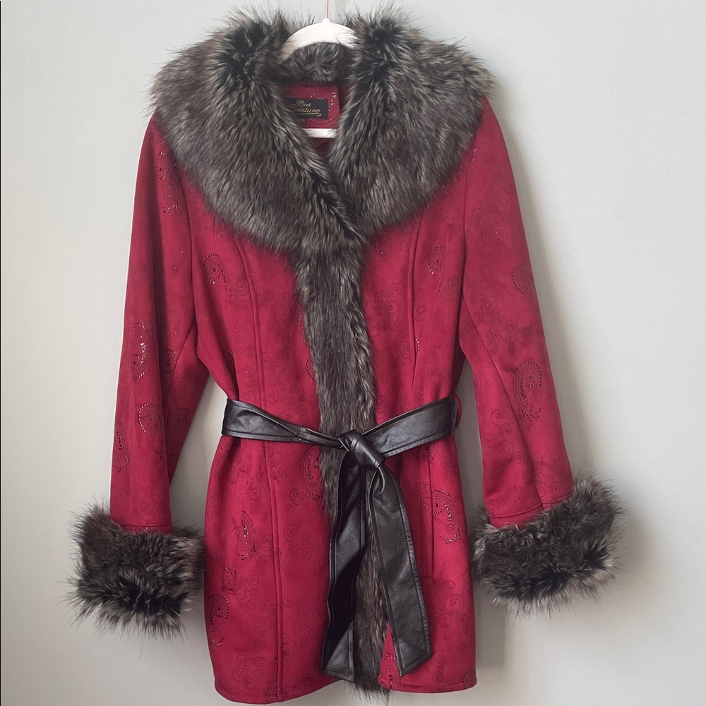 Coat Couture Elegant Red Faux Fur Trimmed Women's Coat NWOT